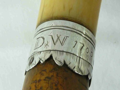 1700 TURNED IVORY MALACCA WALKING STICK ENGLISH CANE SILVER DATED DW - ADDITIONAL PHOTO 3