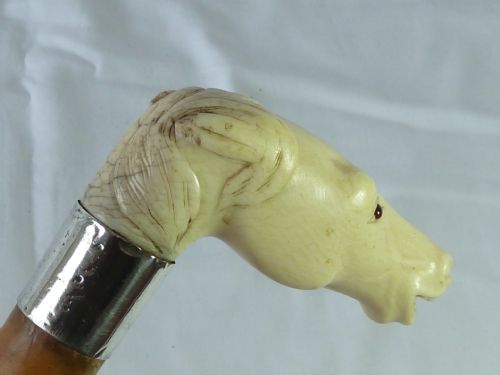 CARVED IVORY HORSE HEAD MALACCA WALKING STICK NOVELTY CANE - ADDITIONAL PHOTO 2