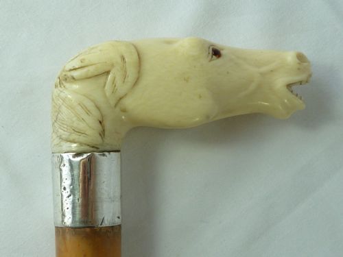CARVED IVORY HORSE HEAD MALACCA WALKING STICK NOVELTY CANE - ADDITIONAL PHOTO 5