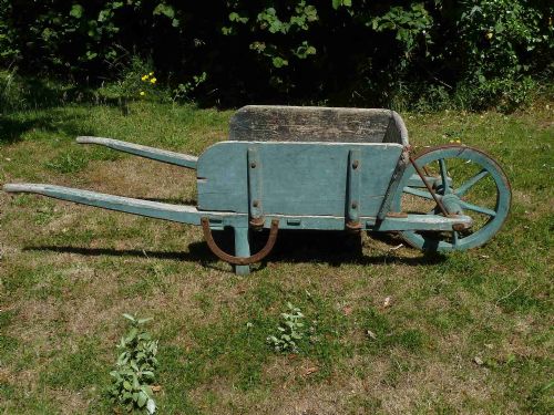 VICTORIAN PAINTED WOODEN WHEEL BARROW GREEN ORIGINAL - ADDITIONAL PHOTO 1