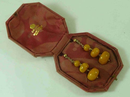 antique natural baltic amber bead earrings butterscotch gold wires boxed genuine - CATEGORY: ANTIQUE JEWELLERY - DATED 1930