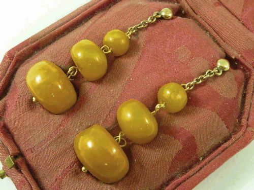 ANTIQUE NATURAL BALTIC AMBER BEAD EARRINGS BUTTERSCOTCH GOLD WIRES BOXED GENUINE - ADDITIONAL PHOTO 2