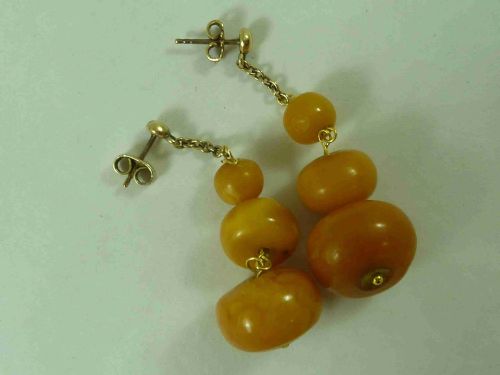 ANTIQUE NATURAL BALTIC AMBER BEAD EARRINGS BUTTERSCOTCH GOLD WIRES BOXED GENUINE - ADDITIONAL PHOTO 3