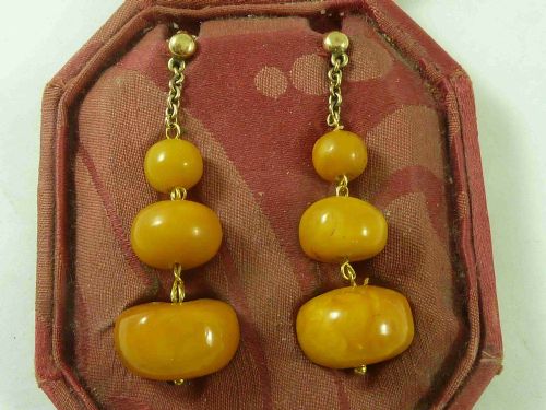ANTIQUE NATURAL BALTIC AMBER BEAD EARRINGS BUTTERSCOTCH GOLD WIRES BOXED GENUINE - ADDITIONAL PHOTO 5