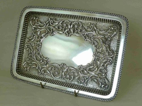 1901 hallmarked sterling silver tray scroll leaf gadrooned edge antique - CATEGORY: ANTIQUE SILVER - DATED 1900