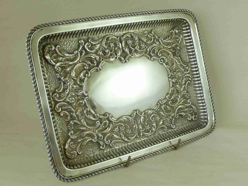 1901 HALLMARKED STERLING SILVER TRAY SCROLL LEAF GADROONED EDGE ANTIQUE - ADDITIONAL PHOTO 1