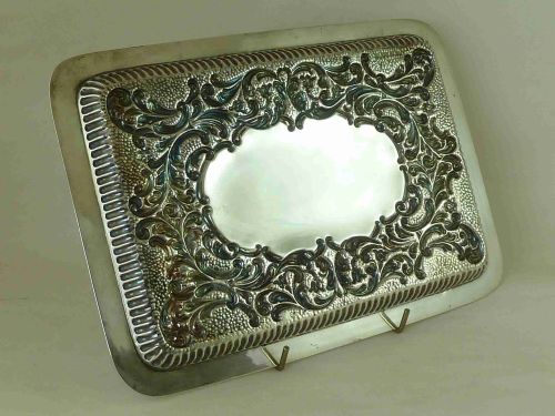 1901 HALLMARKED STERLING SILVER TRAY SCROLL LEAF GADROONED EDGE ANTIQUE - ADDITIONAL PHOTO 2