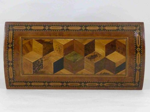 TUNBRIDGE WARE DOMED TOP BOX BARTON MAKERS LABEL MARKED PERSPECTIVE CUBE ENGLISH VICTORIAN - ADDITIONAL PHOTO 4