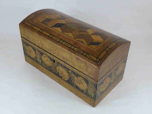 tunbridge ware domed top box barton makers label marked perspective cube english victorian - CATEGORY: ANTIQUE BOXES - DATED 1870