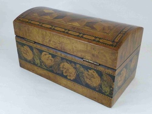 TUNBRIDGE WARE DOMED TOP BOX BARTON MAKERS LABEL MARKED PERSPECTIVE CUBE ENGLISH VICTORIAN - ADDITIONAL PHOTO 2
