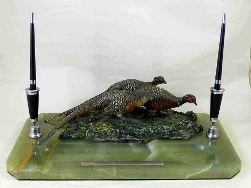 austrian cold painted bronze pheasants desk pen tray 1935 - CATEGORY: ANTIQUE MISCELLANEOUS - DATED 1930
