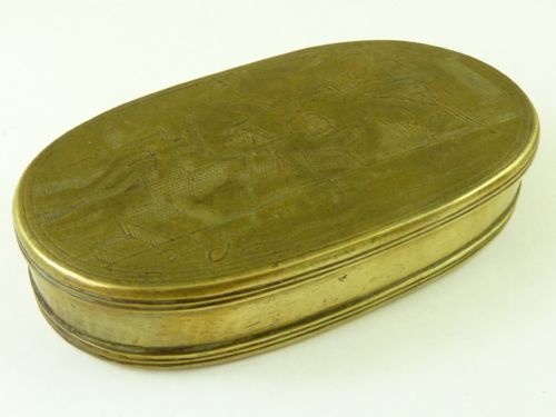18C DUTCH BRASS TOBACCO BOX MARRIAGE SAILOR DRINK ANTIQUE - ADDITIONAL PHOTO 2