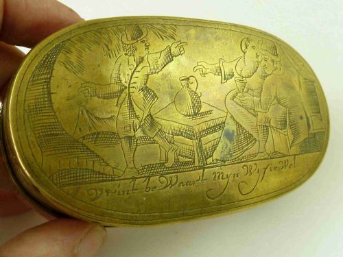 18c dutch brass tobacco box marriage sailor drink antique - CATEGORY: ANTIQUE BOXES - DATED 18TH CENTURY