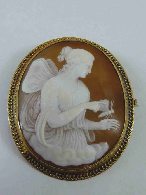classical winged lady psyche cameo brooch pin gold frame carved shell italian - CATEGORY: ANTIQUE JEWELLERY - DATED 1870