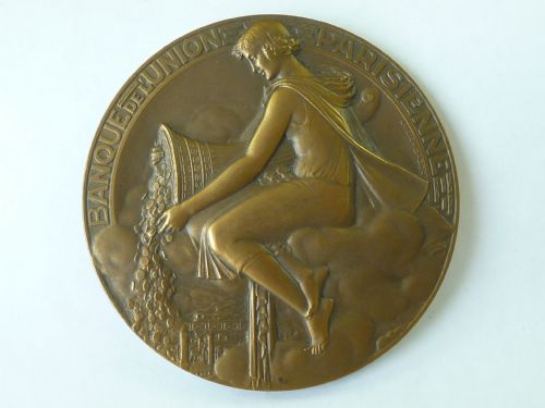 art deco banque de l'union parisienne large french medal medallion lucien bazor - CATEGORY: ANTIQUE MISCELLANEOUS - DATED 1930