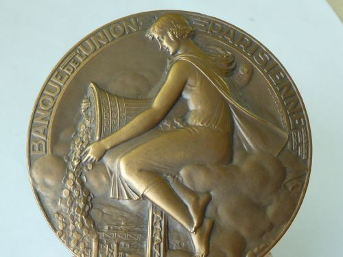 ART DECO BANQUE DE L'UNION PARISIENNE LARGE FRENCH MEDAL MEDALLION LUCIEN BAZOR - ADDITIONAL PHOTO 3