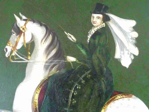 EQUESTRIAN LADY HUNTER HORSE NAIVE FOLK ART PAINTING - ADDITIONAL PHOTO 2