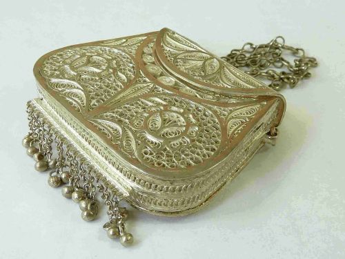 SILVER FILIGREE PURSE BAG STERLING CHAIN VICTORIAN - ADDITIONAL PHOTO 2