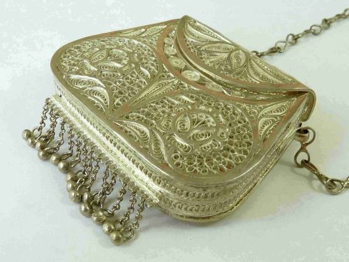 SILVER FILIGREE PURSE BAG STERLING CHAIN VICTORIAN - ADDITIONAL PHOTO 5