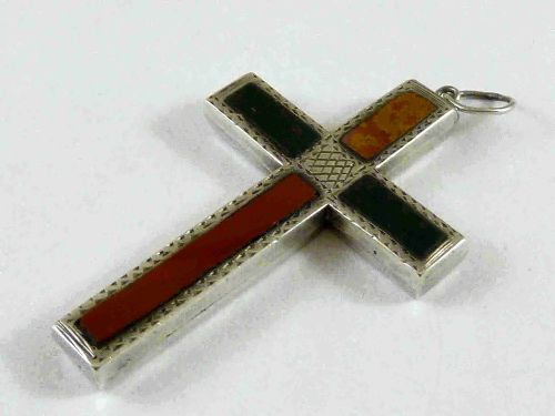victorian scottish silver pectoral cross pendant specimen hardstone pebble - CATEGORY: ANTIQUE SILVER - DATED 1880