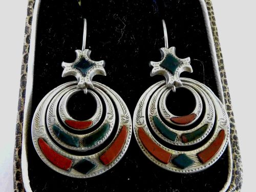 victorian scottish silver earrings specimen hardstone pebble antique - CATEGORY: ANTIQUE SILVER - DATED 1880