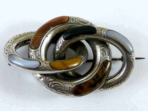 victorian scottish silver knot brooch specimen agate hardstone pebble pin - CATEGORY: ANTIQUE SILVER - DATED 1880