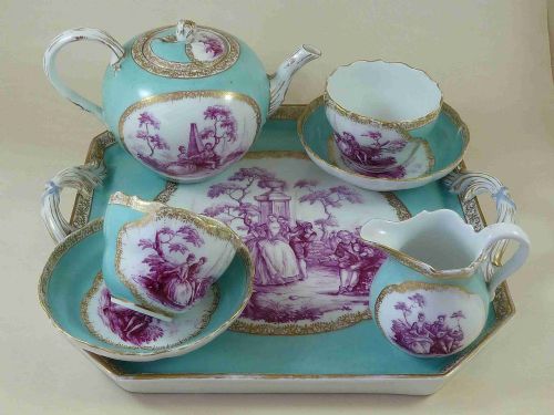 Meissen Porcelain Cabaret Set Tete a Tete Turquoise Ground Puce
