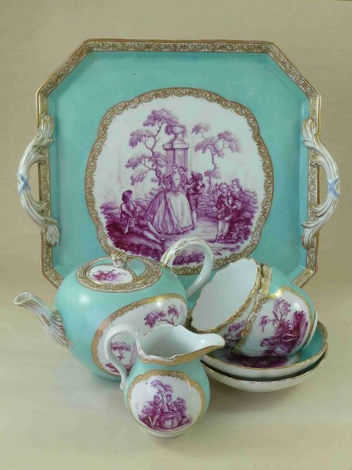 fig 1. Meissen Porcelain Cabaret Set Tete A Tete Turquoise Ground Puce