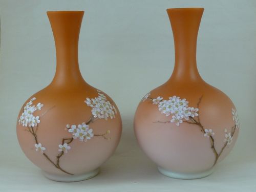 pair victorian satin overlay enamel bohemian peachblow overlay - CATEGORY: ANTIQUE GLASS - DATED 1880