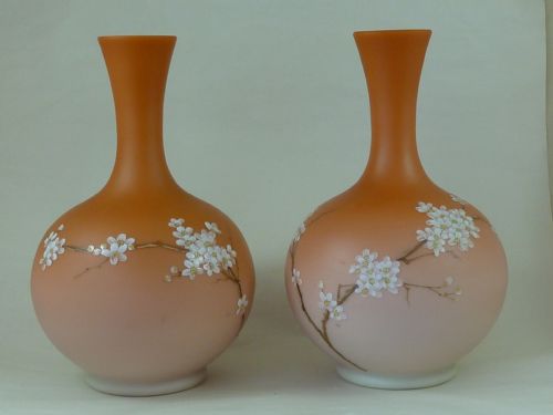 PAIR VICTORIAN SATIN OVERLAY ENAMEL BOHEMIAN PEACHBLOW OVERLAY - ADDITIONAL PHOTO 1