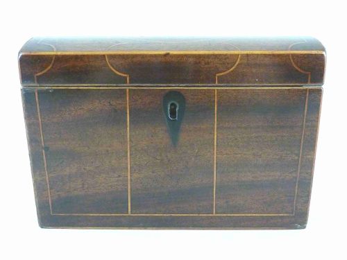 VICTORIAN MAHOGANY DOME TOP BOXWOOD INLAID TEA CADDY BOX ENGLISH - ADDITIONAL PHOTO 1