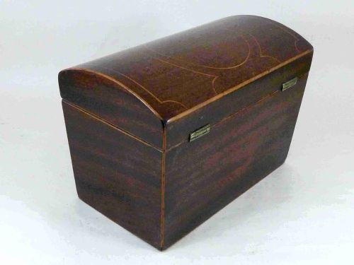 VICTORIAN MAHOGANY DOME TOP BOXWOOD INLAID TEA CADDY BOX ENGLISH - ADDITIONAL PHOTO 2
