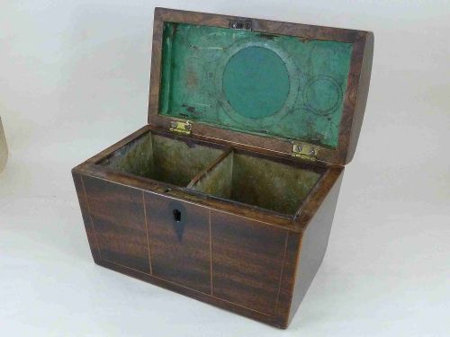 VICTORIAN MAHOGANY DOME TOP BOXWOOD INLAID TEA CADDY BOX ENGLISH - ADDITIONAL PHOTO 4