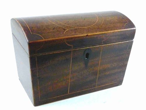 VICTORIAN MAHOGANY DOME TOP BOXWOOD INLAID TEA CADDY BOX ENGLISH - ADDITIONAL PHOTO 7