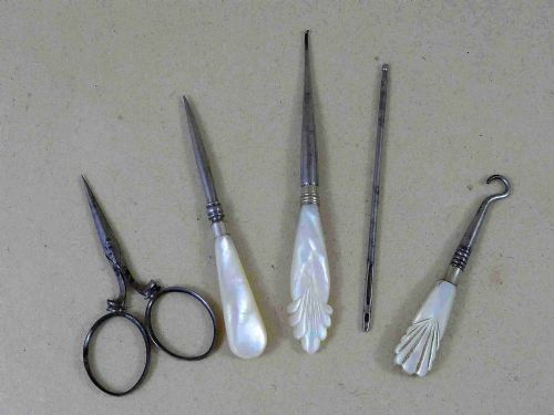 ROSEWOOD SEWING BOX SET CUT STEEL MOP THREAD WINDER SCISSORS TOOLS VICTORIAN - ADDITIONAL PHOTO 10