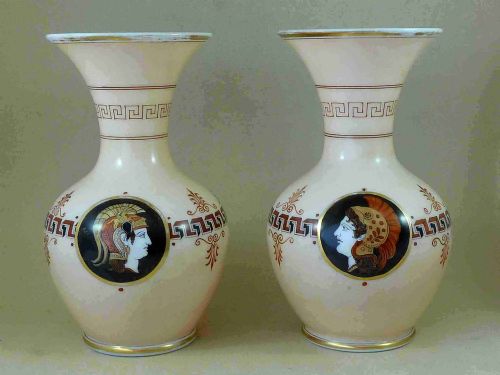pair victorian opaline glass vases enamel painted neoclassical - CATEGORY: ANTIQUE GLASS - DATED 1870