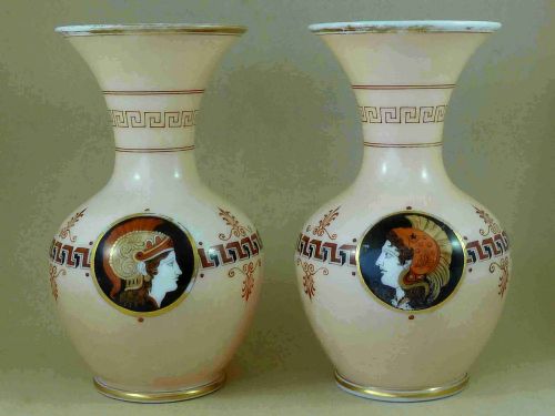 PAIR VICTORIAN OPALINE GLASS VASES ENAMEL PAINTED NEOCLASSICAL - ADDITIONAL PHOTO 1