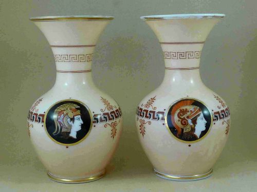 PAIR VICTORIAN OPALINE GLASS VASES ENAMEL PAINTED NEOCLASSICAL - ADDITIONAL PHOTO 2