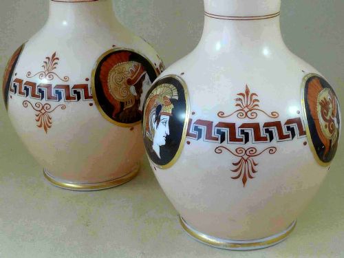 PAIR VICTORIAN OPALINE GLASS VASES ENAMEL PAINTED NEOCLASSICAL - ADDITIONAL PHOTO 3