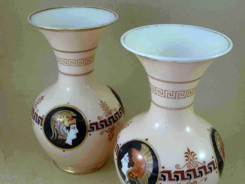 PAIR VICTORIAN OPALINE GLASS VASES ENAMEL PAINTED NEOCLASSICAL - ADDITIONAL PHOTO 4