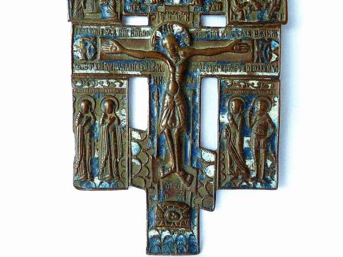 RUSSIAN ORTHODOX ENAMEL BRASS ICON CRUCIFIXION CROSS MOURNERS SERPHIMS FEASTS - ADDITIONAL PHOTO 1