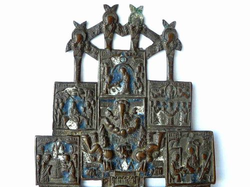 RUSSIAN ORTHODOX ENAMEL BRASS ICON CRUCIFIXION CROSS MOURNERS SERPHIMS FEASTS - ADDITIONAL PHOTO 2