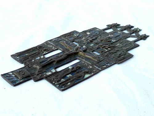 RUSSIAN ORTHODOX ENAMEL BRASS ICON CRUCIFIXION CROSS MOURNERS SERPHIMS FEASTS - ADDITIONAL PHOTO 5