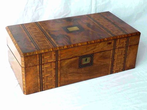 large victorian burr walnut parquetry inlaid writing slope portable desk tunbridge ware - CATEGORY: ANTIQUE BOXES - DATED 1890