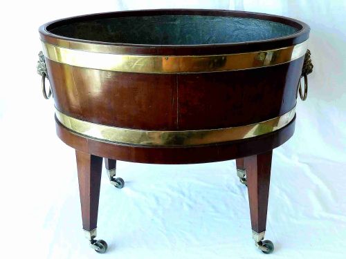 GEORGIAN OVAL BRASS BOUND MAHOGANY WINE COOLER ON STAND - ADDITIONAL PHOTO 1