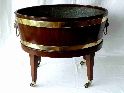 GEORGIAN OVAL BRASS BOUND MAHOGANY WINE COOLER ON STAND - ADDITIONAL PHOTO 2