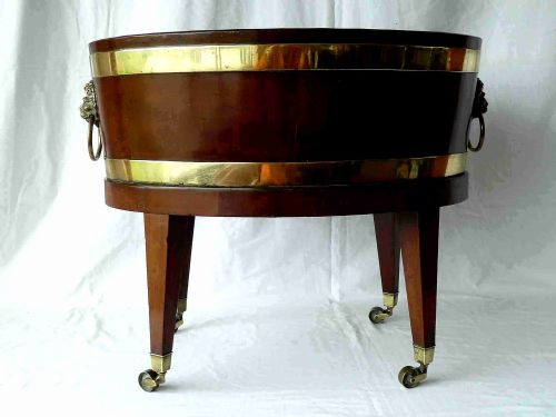 GEORGIAN OVAL BRASS BOUND MAHOGANY WINE COOLER ON STAND - ADDITIONAL PHOTO 5