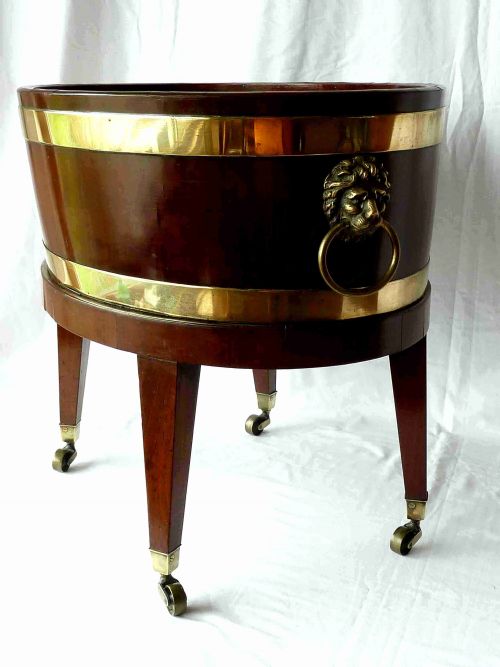 GEORGIAN OVAL BRASS BOUND MAHOGANY WINE COOLER ON STAND - ADDITIONAL PHOTO 7