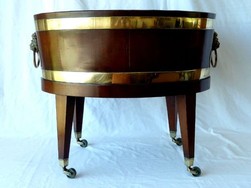 GEORGIAN OVAL BRASS BOUND MAHOGANY WINE COOLER ON STAND - ADDITIONAL PHOTO 4