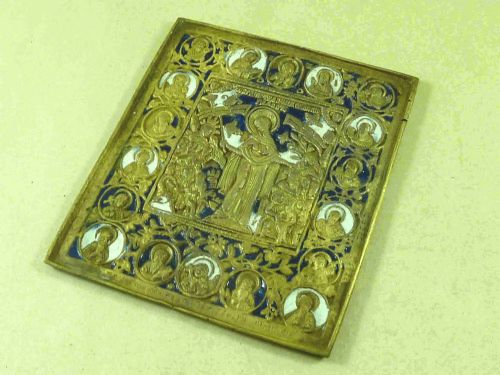 RUSSIAN BRASS ORTHODOX ICON PLAQUETTE MOTHER OF GOD JOY TO ALL WHO SORROW VIRGIN ANTIQUE - ADDITIONAL PHOTO 1